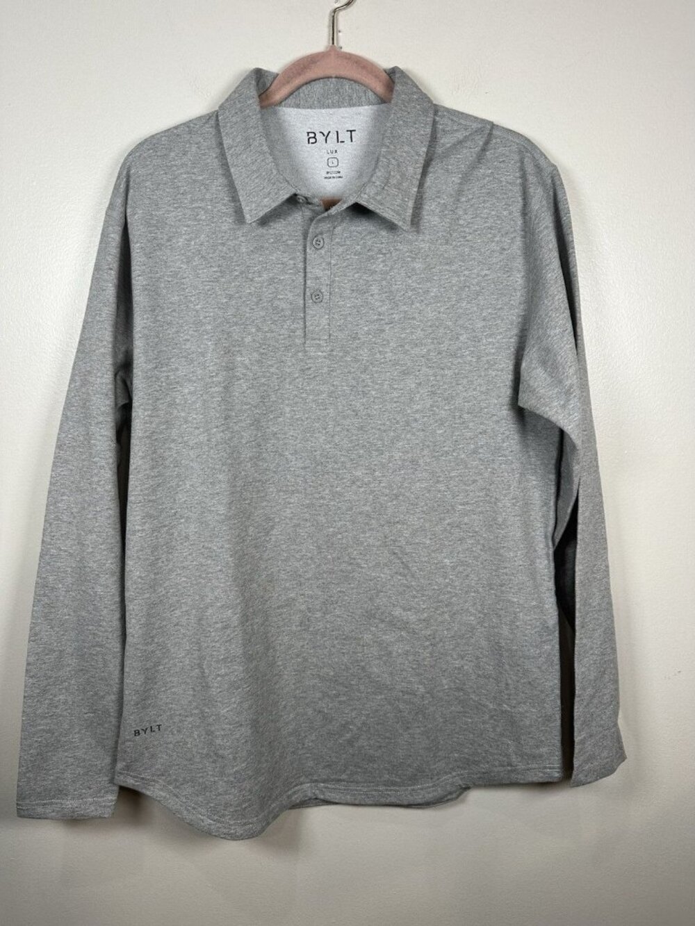 BYLT Premium Basics LUX Polo Size Large Gray Drop Cut Long Sleeve Shirt